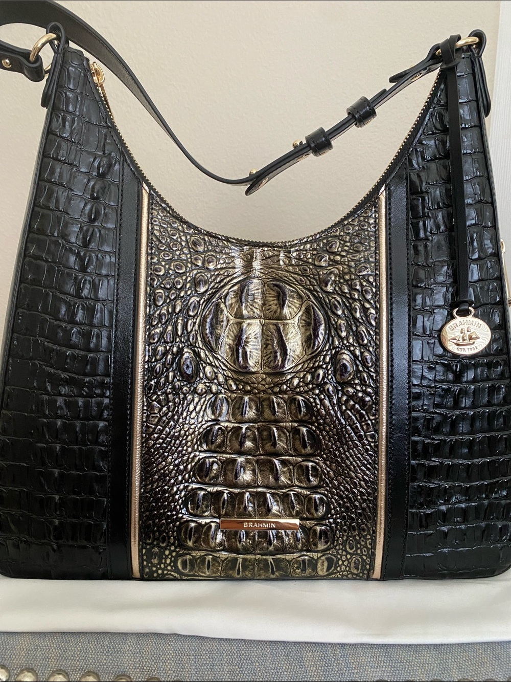 Brahmin Black & Gold Croc-Embossed Shoulder Bag Tabitha Onyx Sarasota